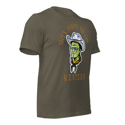 SHIT'S ABOUT TO GET WESTERN - BRAND - BELLA+CANVAS - Unisex t-shirt